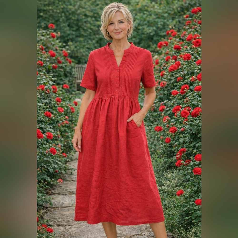 New The Vermont Country Store  Pintuck Cotton Linen Midi Garden Dress w/ Pockets
